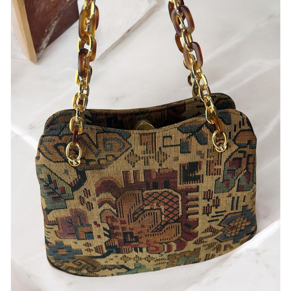 Vtg Morris Moskowitz Bag Tapestry Mini Purse Tortoise Chain Snap Closure Handbag - Picture 15 of 15